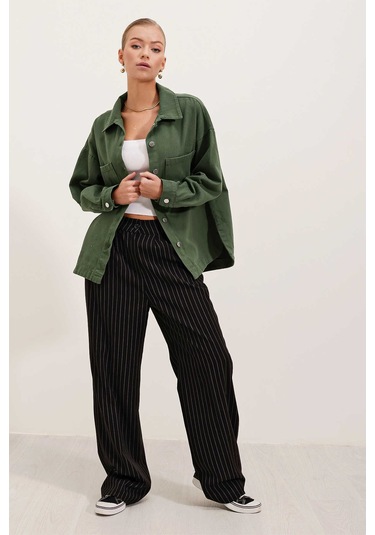 Gabria Çift Cep Gabardin Ceket Haki