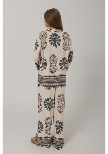 Desenli Kolları Volanlı Pantolon Takım - Antrasit Antrasit