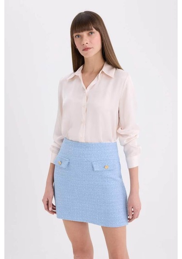 Defacto Regular Fit Basic Saten Ekru Kadın Gömlek E1783ax/er194 Ekru
