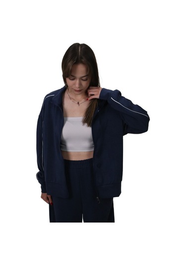 Kadın Modal Kumaş Kontrast Detaylı Rahat Kalıp Lacivert Ceket Hırka Lacivert