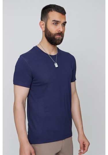 Slim Fit Bisiklet Yaka Düz Pamuklu Lacivert Tişört Ts 823 Lacivert
