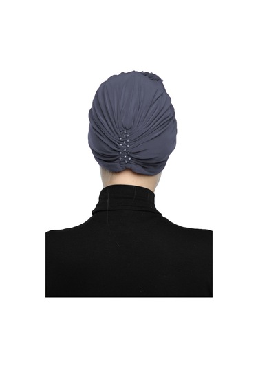 Kristal Yelpaze Taş İşlemeli Çift Taraflı Astarlı Hazır Koyu Gri Türban Tesettür Abiye Bone