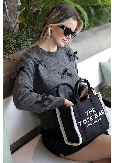 Lela Premium Regular Fit Bisiklet Yaka Fiyonk Detaylı Triko Bayan Kazak 680Kz00155 Antrasit