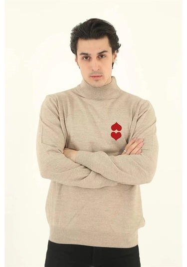 Yarım Boğazlı Baskılı Dokuma Triko - Bej -vlmr Bej