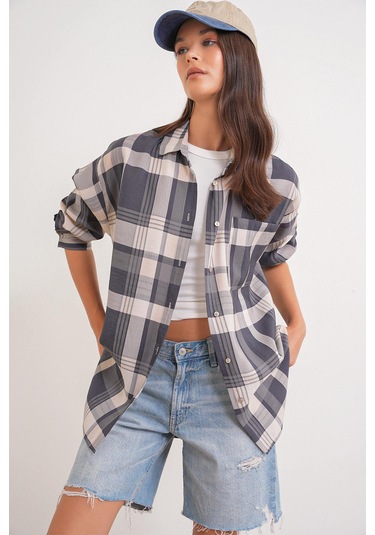 4752 Kadın Oversize Ekose Gömlek Antrasit Antrasit