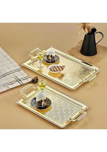 Cooker 3171 Dikdörtgen Kahve Çay Sunumluk Tepsi Takımı 2'li Altın