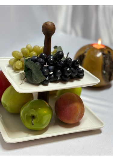 Aless 2 Katlı Tasarım Ahşap Porselen Sunumluk Meyvelik Çere