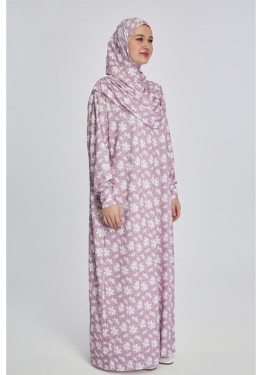 Pratik Tek Parça Manolya Desenli Namaz Elbisesi Pembe