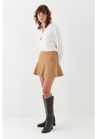 Nakış Detaylı Süet Etek Bej Bej