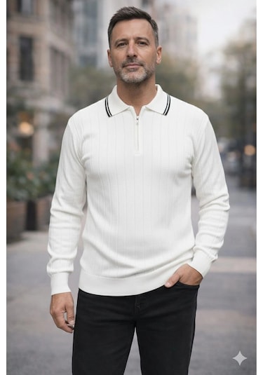 Bigümex Erkek Çizgili Polo Yaka Fermuarlı Sweatshirt Beyaz