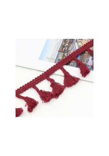 Flybuy 25 Metre 4.5 Cm Pamuklu Süpürge Dantel Kurdele, Etnik Püskül, Dıy Perde, Ev Dekoru, Giyim Aksesuarı, Kırmızı Renk