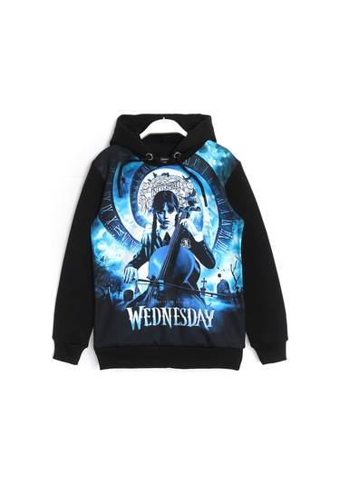 Kız Çocuk Wednesday 3 İp Kışlık Kapüşonlu 3d Baskılı Hoodie Siyah