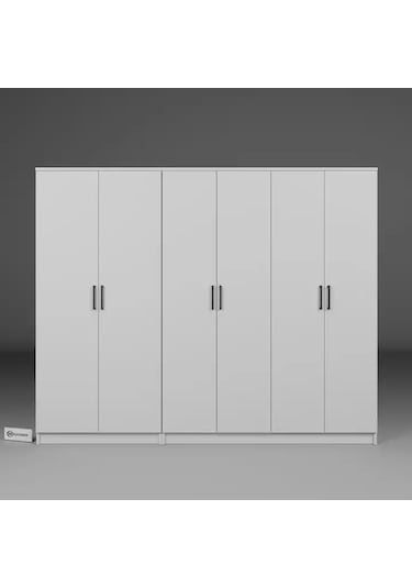 Kardelen Serisi 220 Cm Mat Beyaz 6 Kapılı 9 Raflı Elbise Dolabı - Gardırop Seti Beyaz
