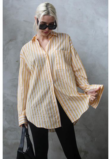 Madmext Sarı Çizgili Oversize Kadın Gömlek Mg1688-sarı Sarı