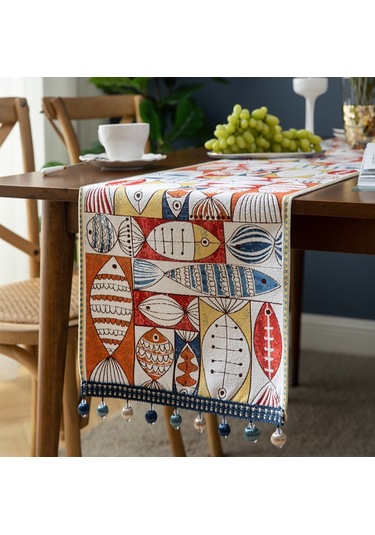 Anasayfa Şönil Polyester Püsküllü Masa Örtüsü, Ebat: 33x180cm Her Yıl Fazlalık Çok Renkli