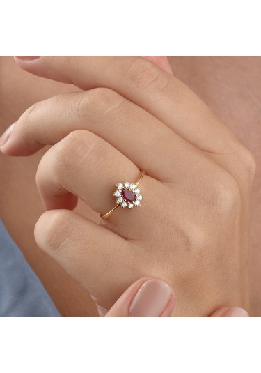 14 Ayar Mikron Altın Kaplama Kırmızı Taşlı Damla Halo Yüzük Vintage Still - Rs00118 Altın