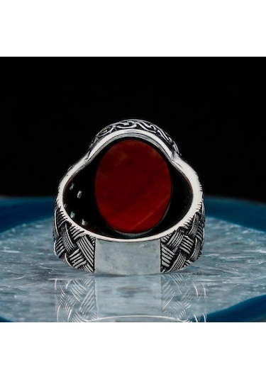 925 Ayar Gümüş Oval Kırmızı Akik Taşlı Örgü Desenli Erkek Yüzük - 554220170