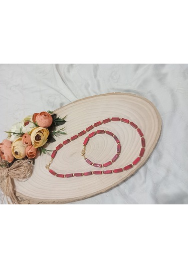 Kırmızı Kolye Ve Bileklik Takı Seti Kırmızı