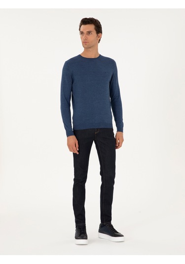 Cacharel İndigo Slim Fit Yün Karışımlı Bisiklet Yaka Basic Triko Kazak Mavi
