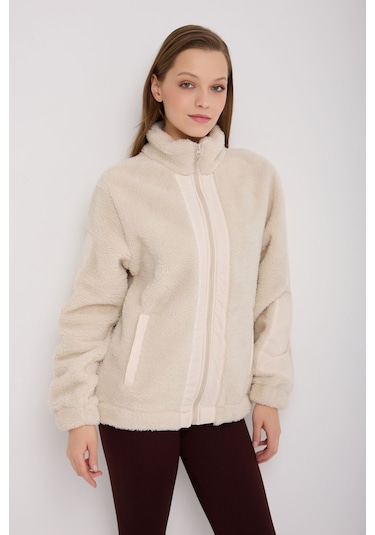 Kadın Ekru Peluş Rüzgar Geçirmez Welsoft Çift Cepli Kışlık Mont Ekru
