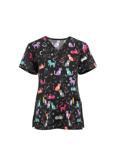 Siyah Kadın Kısa Kollu V Yaka Karikatür Desen Çalışma Tişörtleri Tops Siyah