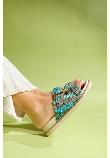 Luvishoes Lanso Yeşil Taşlı Çift Bantlı Kadın Terlik Yeşil