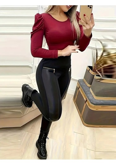 Kadın Yüksek Bel Deri Detaylı Fermuarlı Dalgıç Tayt Siyah