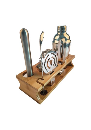 Sones 10'u 1 Arada Paslanmaz Çelik Çalkalayıcı Bambu Stand Seti Eğik Ağızlı Bar Kokteyl Barmenlik Aracı