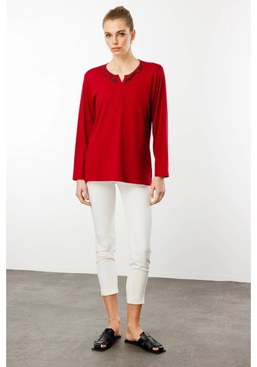 Desen Triko Kadın Açma Yaka Dantel Çiçek İşlemeli Penye Bluz 24753 Bordo Bordo