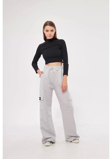 Kargo Cepli Palazzo Oversize Kesim İki İplik Bol Paça Eşofman Altı Pantalon - Gri Gri