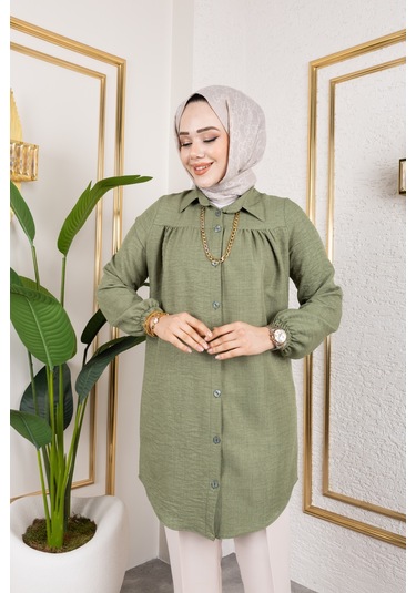 Önü Büzgülü Bilek Lastikli Tunik - Yeşil / Ü104 Yeşil