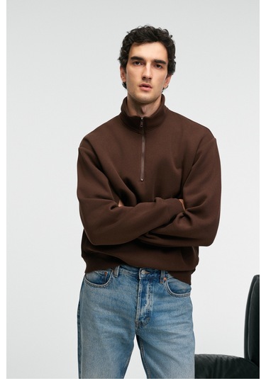 BAXTER Erkek Dik Yakalı Fermuarlı Relaxed Kahverengi Sweatshirt