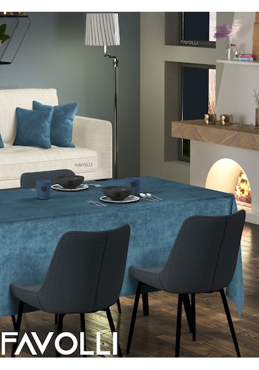 Kadife Dokulu Derin Mavi Rengi Masa Örtüsü Derin Mavi