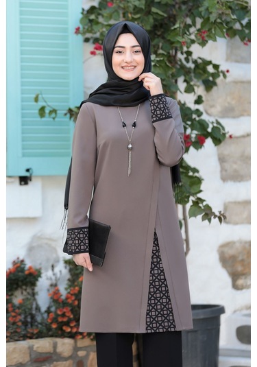 Lazer Kesim Detaylı Büyük Beden Tesettür Takım Vizon