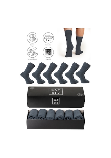 Saysez Bambu Erkek Soket Uzun Füme Çorap Dikişsiz Premium Kutulu 6'lı Füme