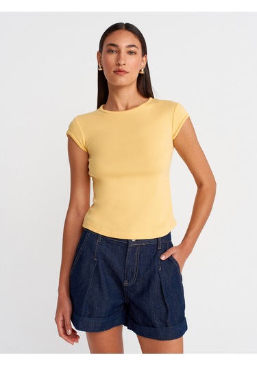 Dilvin 31779 Bisiklet Yaka Basic T-shirt-sarı Sarı