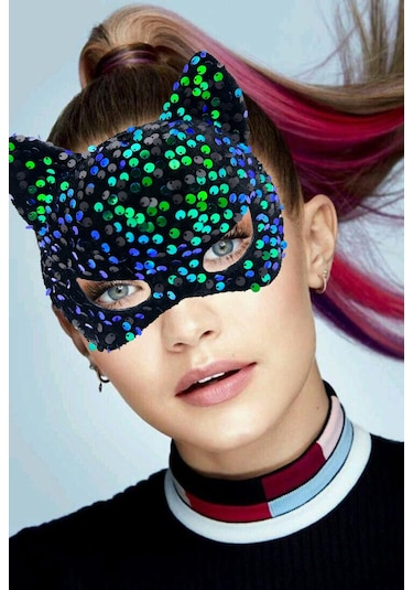 Siyah Kadife Kumaş Üzerine Mavi Yeşil Payetli Pullu Parti Maskesi 16x14 Cm