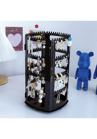 Döner Takı Ekran Standı Kulak Klipsi Küpe Küpe Saklama Standı Taşınabilir Takı Saklama Kutusu Asılı Kolye Rafı Siyah