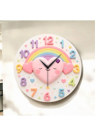 Renkli Baskı Kalp Çocuk Desenli Sayılı Hediyelik Ahşap Sessiz Duvar Saati 50cm ÇOk Renkli