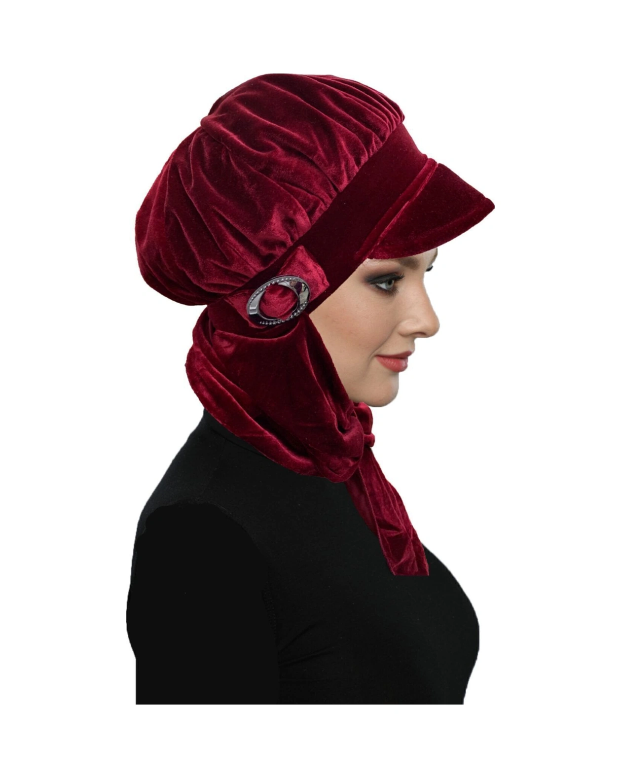Kadife Şapka Atkılı Toka Detaylı Bordo Hazır Türban Tesettür Bone Bordo