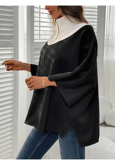Kadın Panço Fermuarlı Sweat Oversize Kesim, 3 İplik Şardonlu Kumaş Siyah