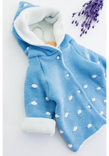 Kapüşonlu Mavi Erkek Bebek Çift Katlı Triko Hırka 001