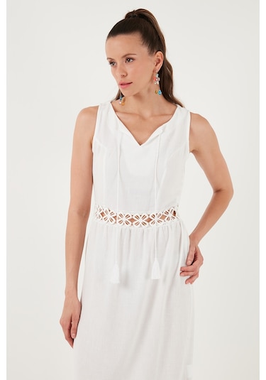 Lela Regular Fit Volanlı Kolsuz Midi Bayan Elbise 611El574 Ekru