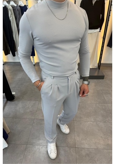 Yarım Balıkçı Pamuk Örme Likralı Esnek Rahat Kumaş Pileli Pantolonlu Takım Gri