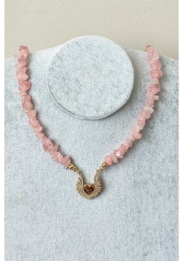 Pembe Kuvars Kalp Kırıktaş Kolye 046 - Pembe