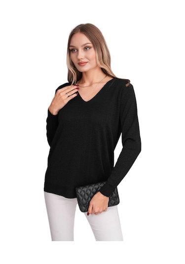 Kadın V Yaka Simli Kazak 12809 Bgl-st04106 Siyah