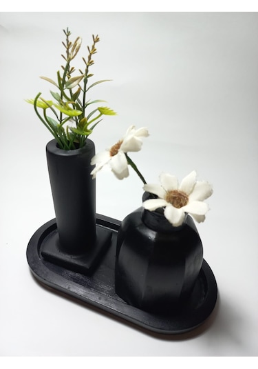 Tabaklı Dekoratif İkili Vazo Set Siyah Siyah