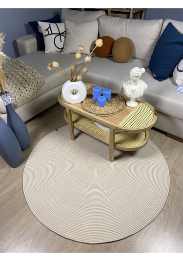Jüt Yuvarlak Hasır Görünümlü Klasik Halı Kilim Krem