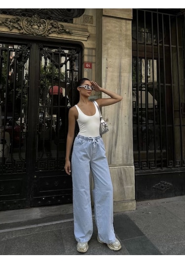 Kadın Arkadan Yırtmaçlı Jeans Kot Palazzo Pantolon - Mavi Mavi