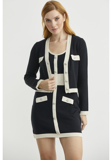 Blok Geçişli Elbise Hırka Triko Takım - Taş Taş